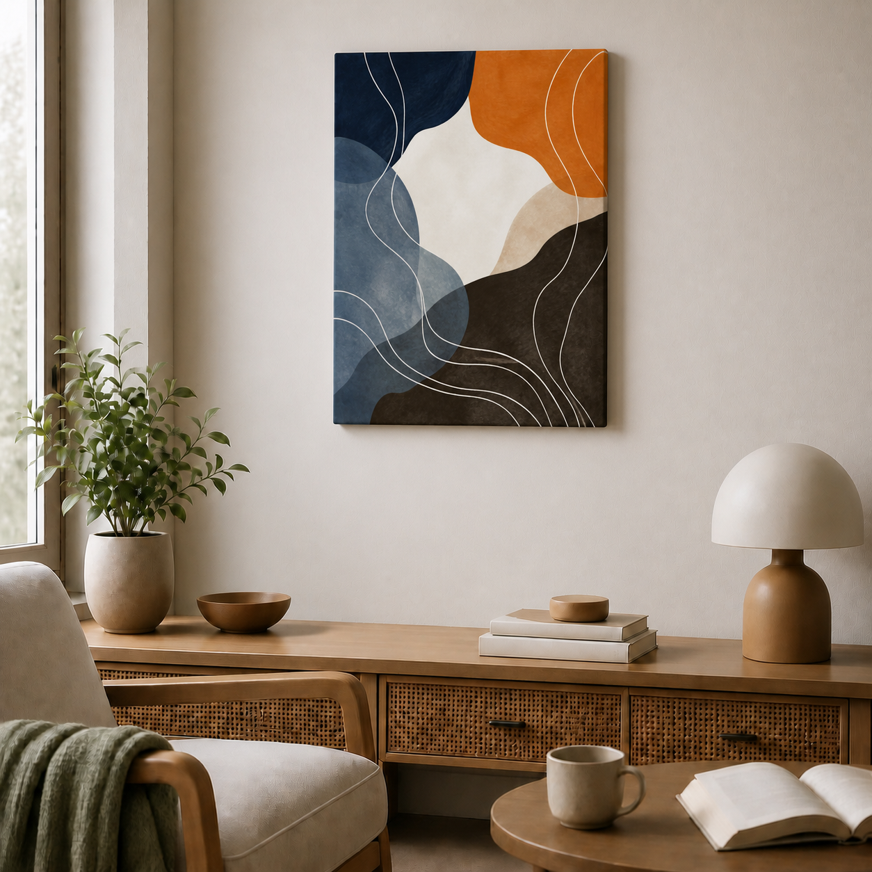 Navy Caramel Organic Contour Canvas Wall Art - Frameless wall scene