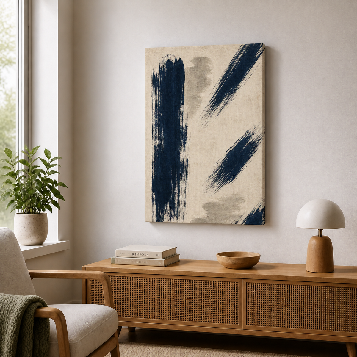 Navy Dry Brush Abstract Floating Frame Wall Art - Frameless wall scene