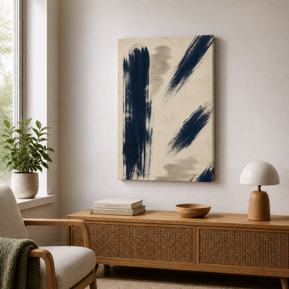 Navy Dry Brush Abstract Floating Frame Wall Art - Frameless wall scene