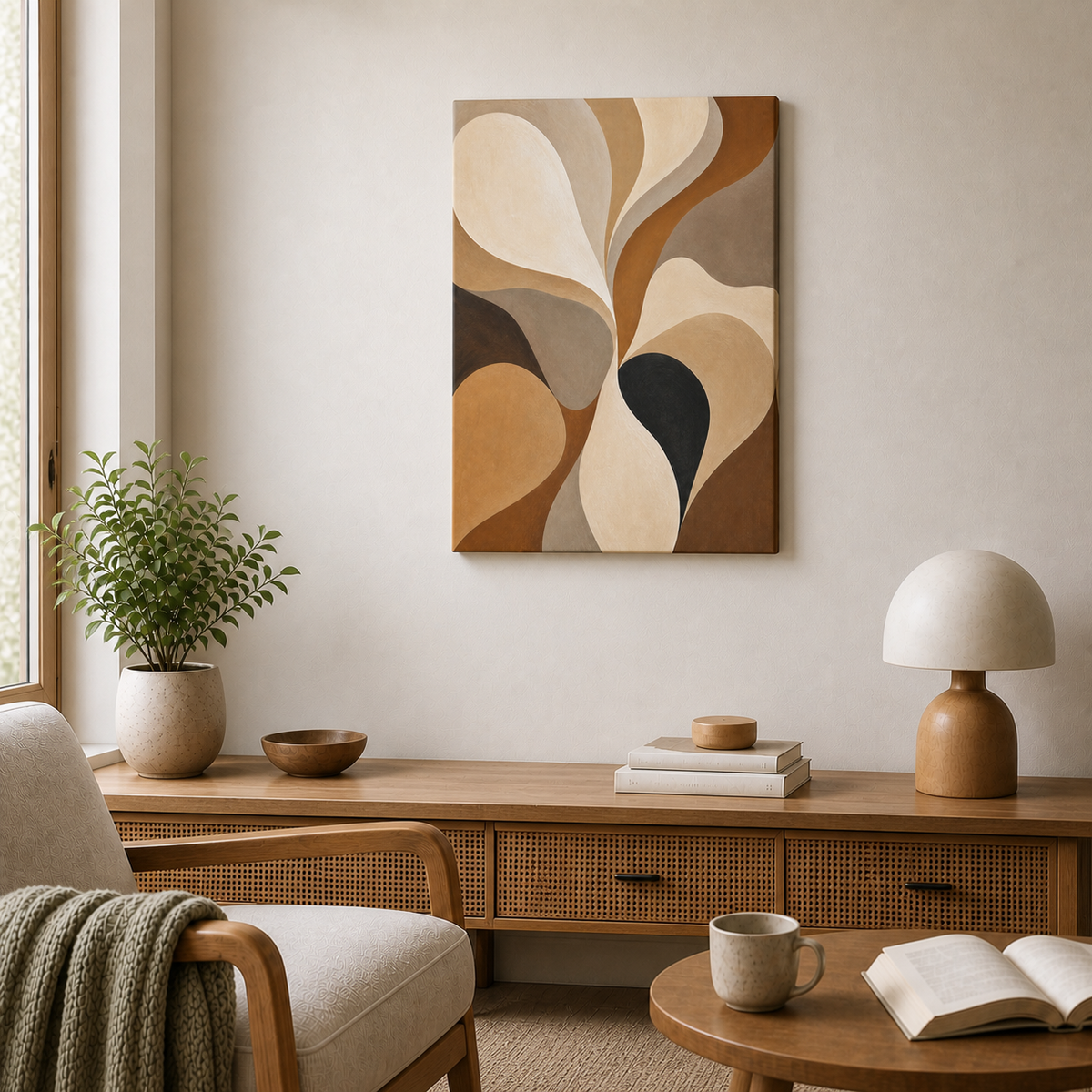 Neutral Flowing Organic Abstract Canvas Wall Art - Frameless wall scene