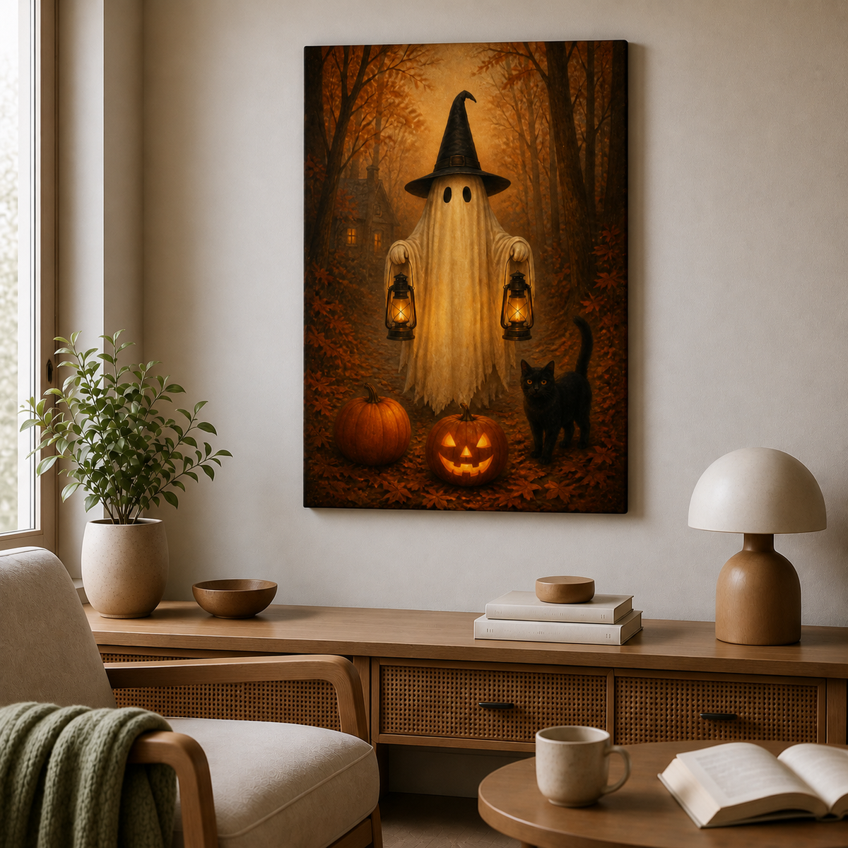 Ghost Lanterns and Black Cat Halloween Canvas Wall Art - Frameless wall scene