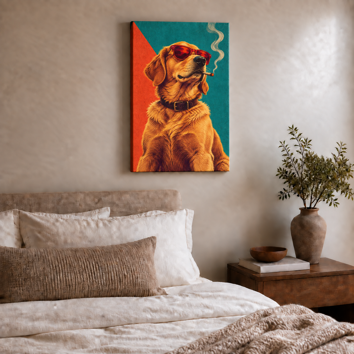 cool golden dog wearing sunglasses stretched canvas room scene