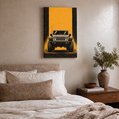 front-view retro off-road SUV stretched canvas room scene