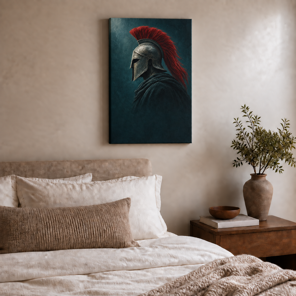 silver helmet warrior with red crest stretched canvas room scene