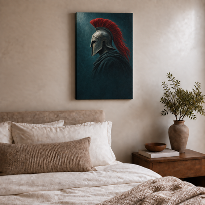 silver helmet warrior with red crest stretched canvas room scene