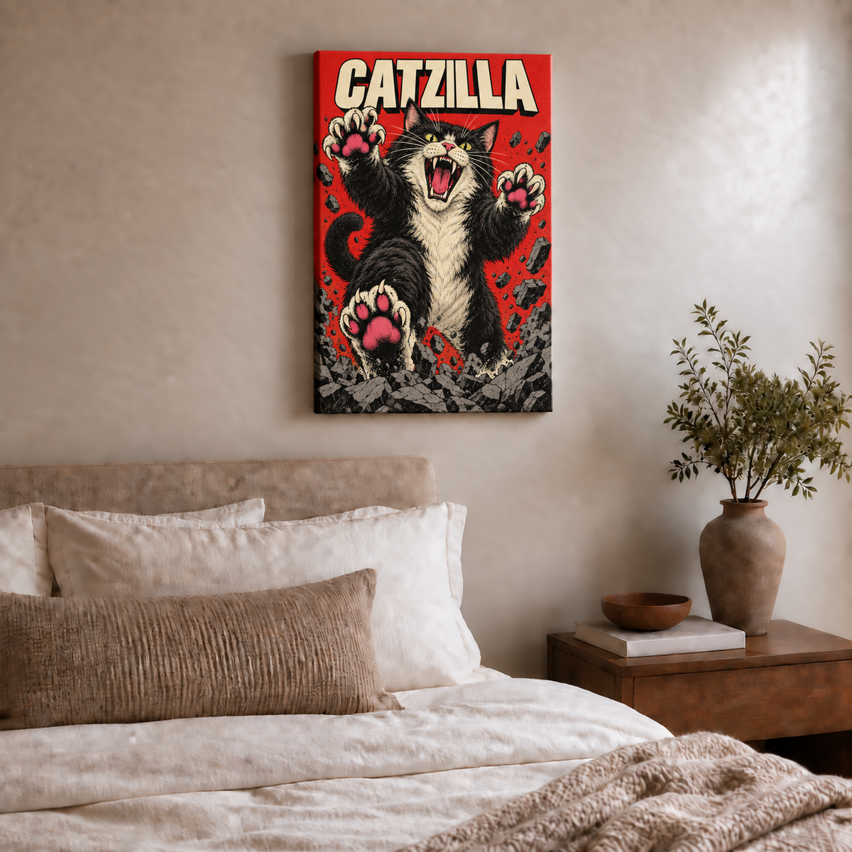 CATZILLA cat kaiju in comic city scene stretched canvas room scene
