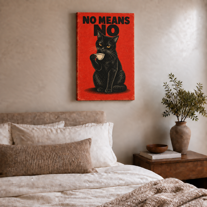NO MEANS NO black cat artwork stretched canvas room scene