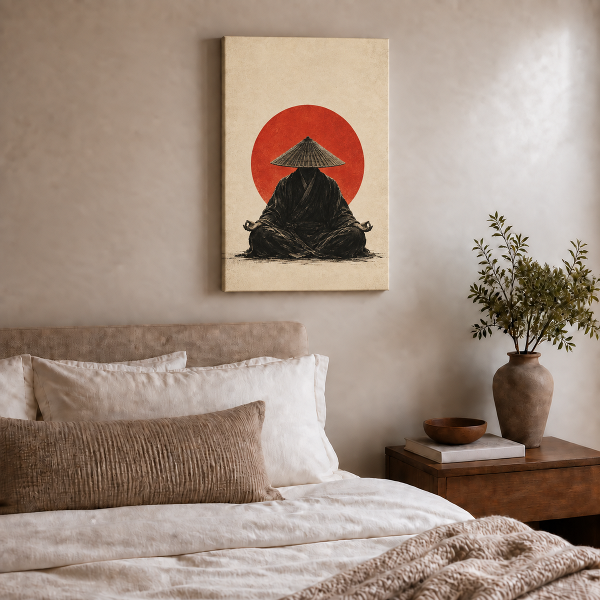 meditating monk before a red sun stretched canvas room scene