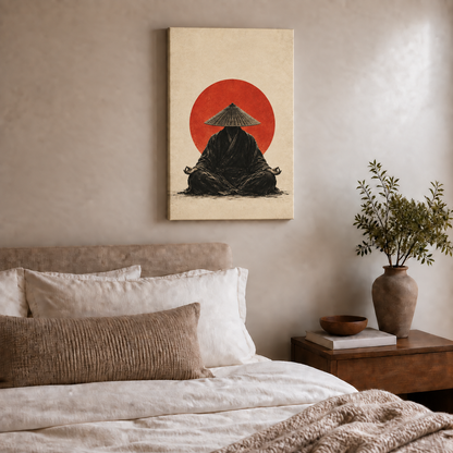meditating monk before a red sun stretched canvas room scene