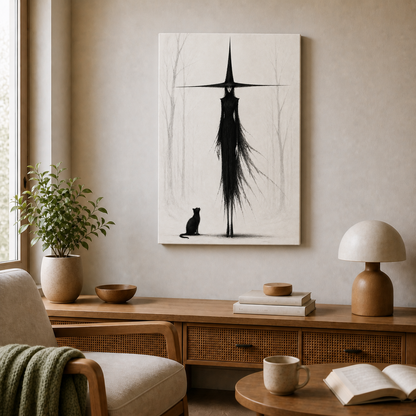 Tall Witch and Black Cat Monochrome Canvas Wall Art - Frameless wall scene