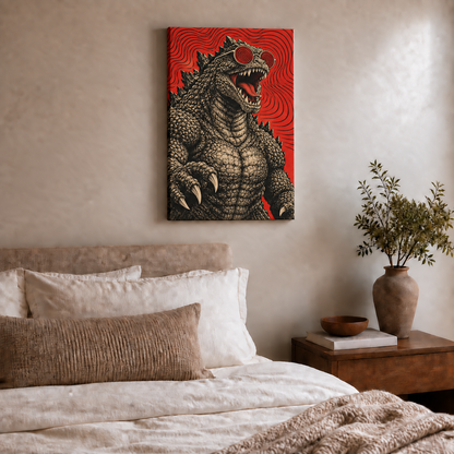 original kaiju wearing red spiral glasses stretched canvas room scene