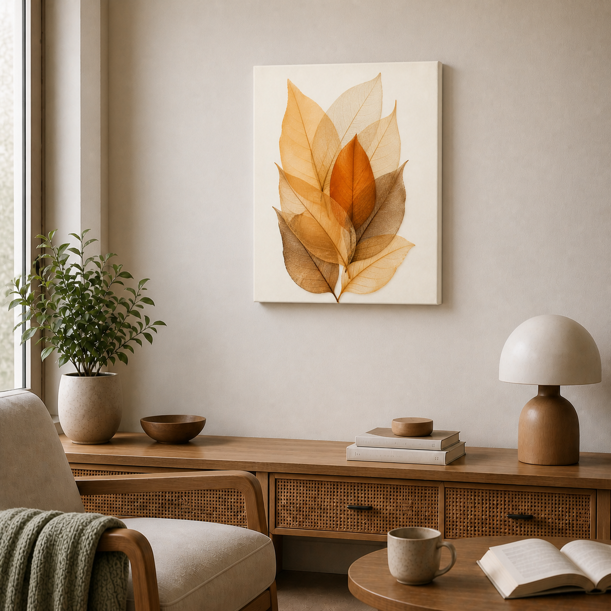 Amber Skeleton Leaves Canvas Wall Art - Frameless wall scene
