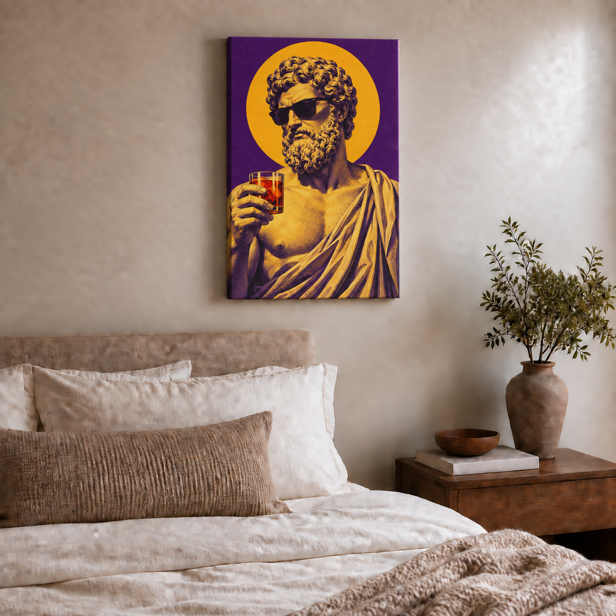 classical sculpture bust wearing sunglasses stretched canvas room scene