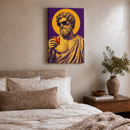 classical sculpture bust wearing sunglasses stretched canvas room scene