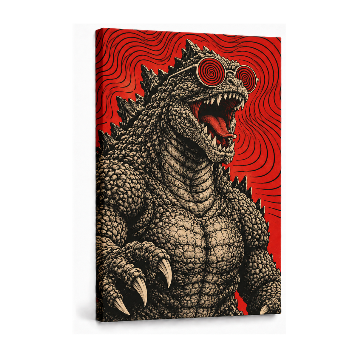 original kaiju wearing red spiral glasses stretched canvas print