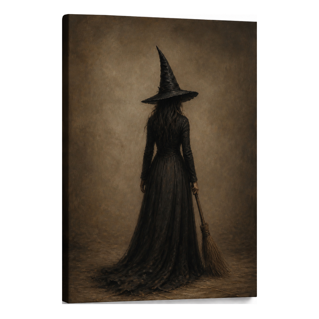 Lone Witch with Broom Dark Fantasy Canvas Wall Art - Frameless white background SKU