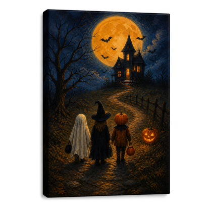 Trick or Treat Haunted House Halloween Canvas Wall Art - Frameless white background SKU