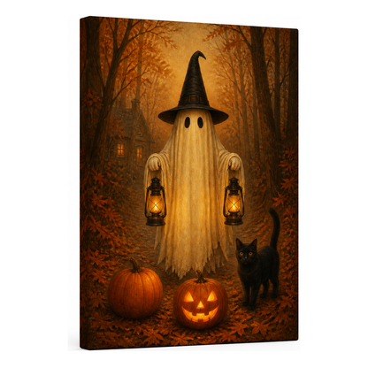 Ghost Lanterns and Black Cat Halloween Canvas Wall Art - Frameless white background SKU
