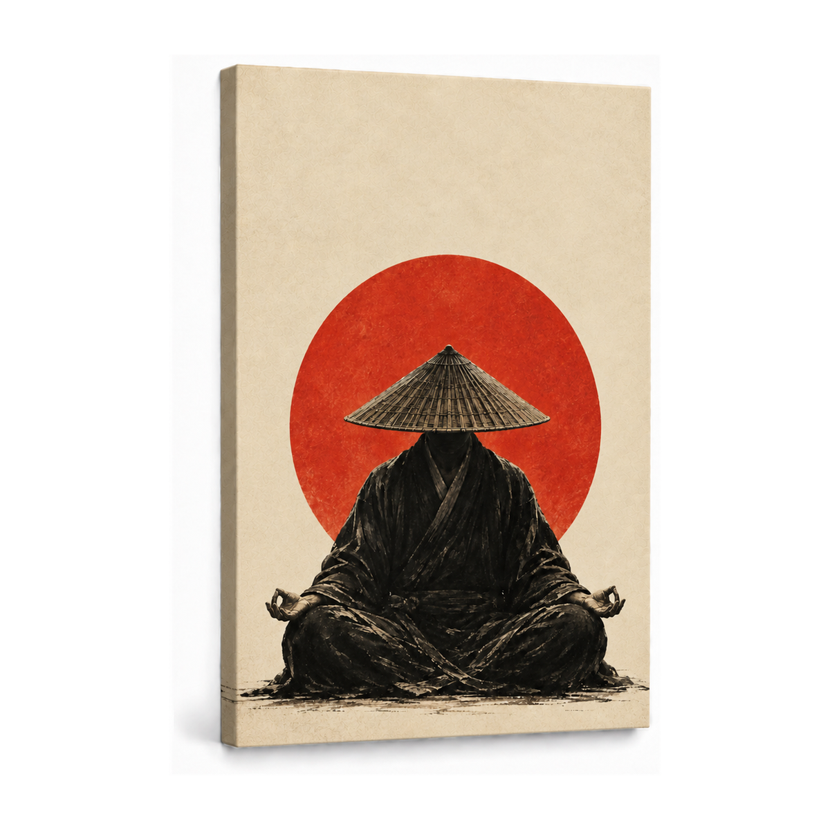 meditating monk before a red sun stretched canvas print