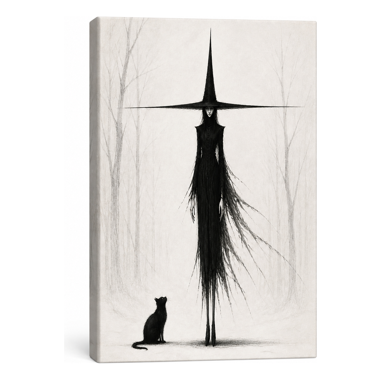 Tall Witch and Black Cat Monochrome Canvas Wall Art - Frameless white background SKU