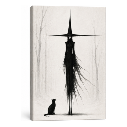 Tall Witch and Black Cat Monochrome Canvas Wall Art - Frameless white background SKU
