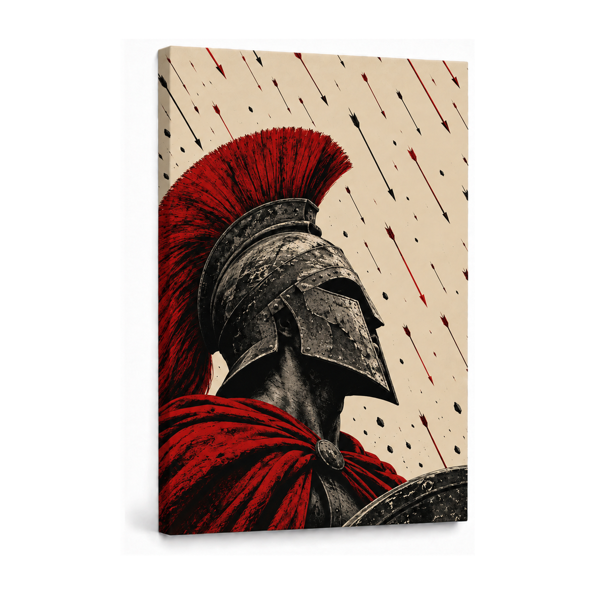 red crest warrior beneath a rain of arrows stretched canvas print