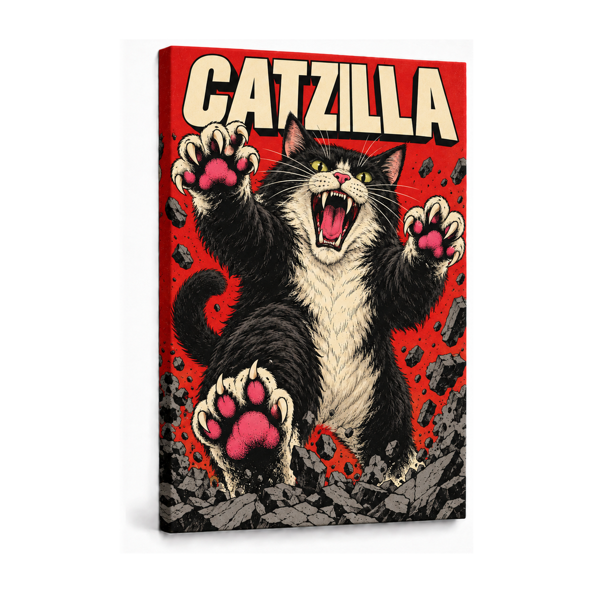 CATZILLA cat kaiju in comic city scene stretched canvas print