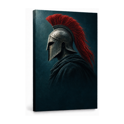 silver helmet warrior with red crest stretched canvas print