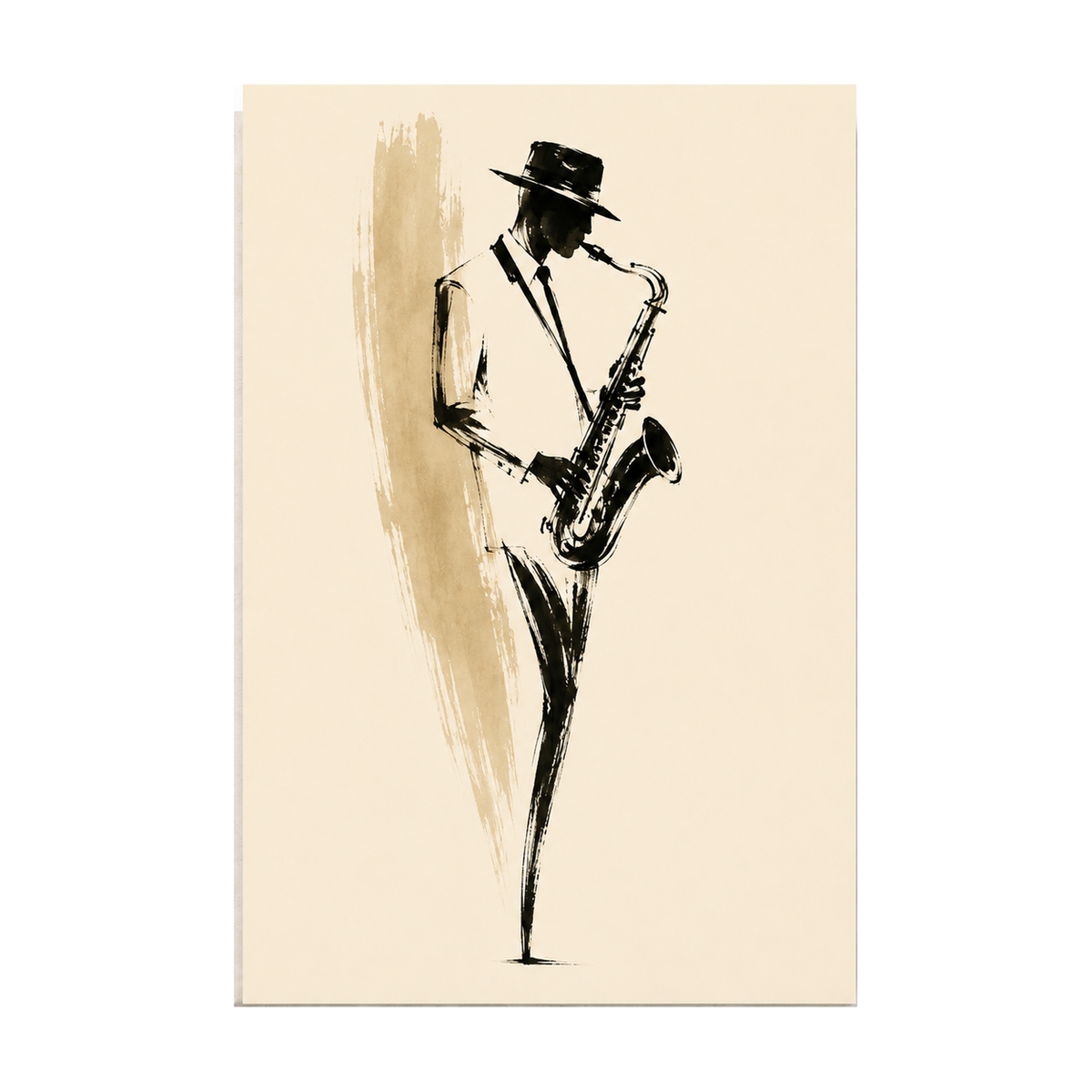 Minimal Saxophonist Ink Brush Canvas Wall Art — styled room view, image 4