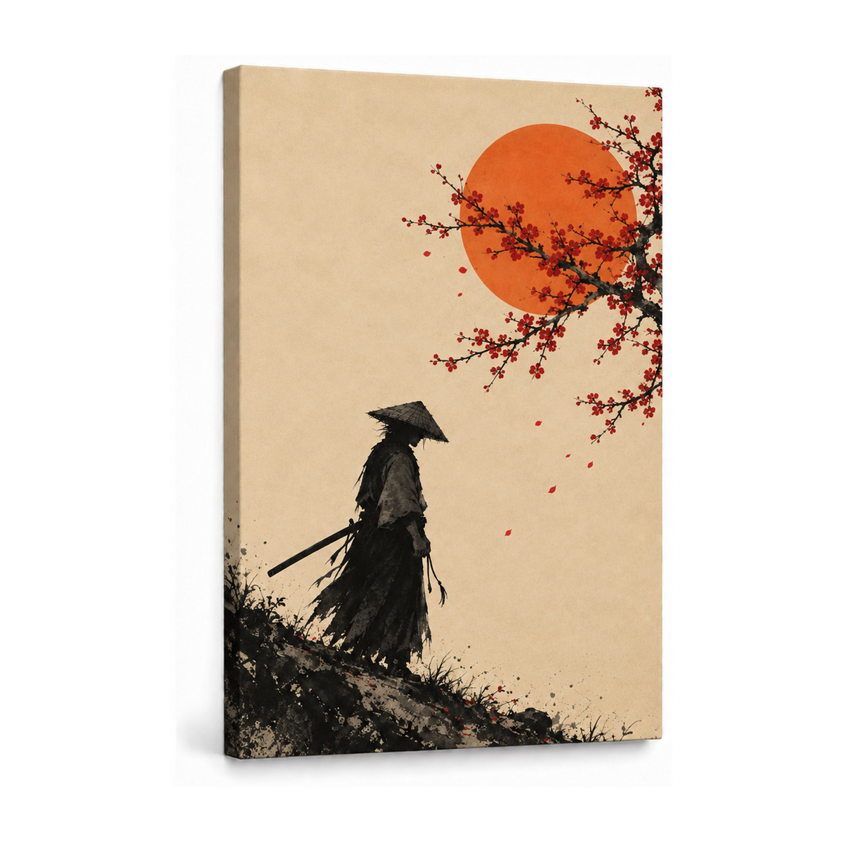 wandering samurai beneath cherry blossoms and sun stretched canvas print
