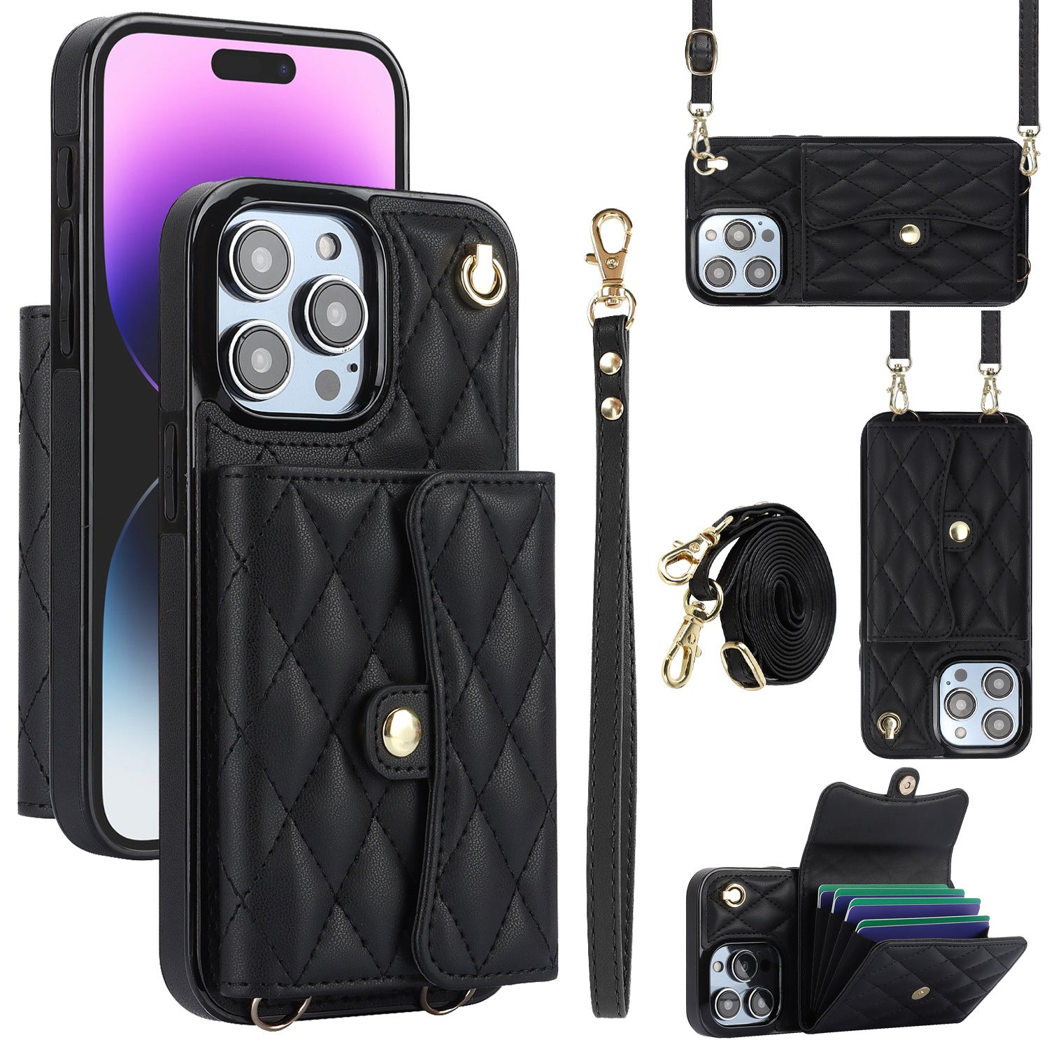 iPhone 16 Pro Leather Wallet Case – 4 Card Slots, RFID Protection & Crossbody Strap, Ultra-Thin Cover