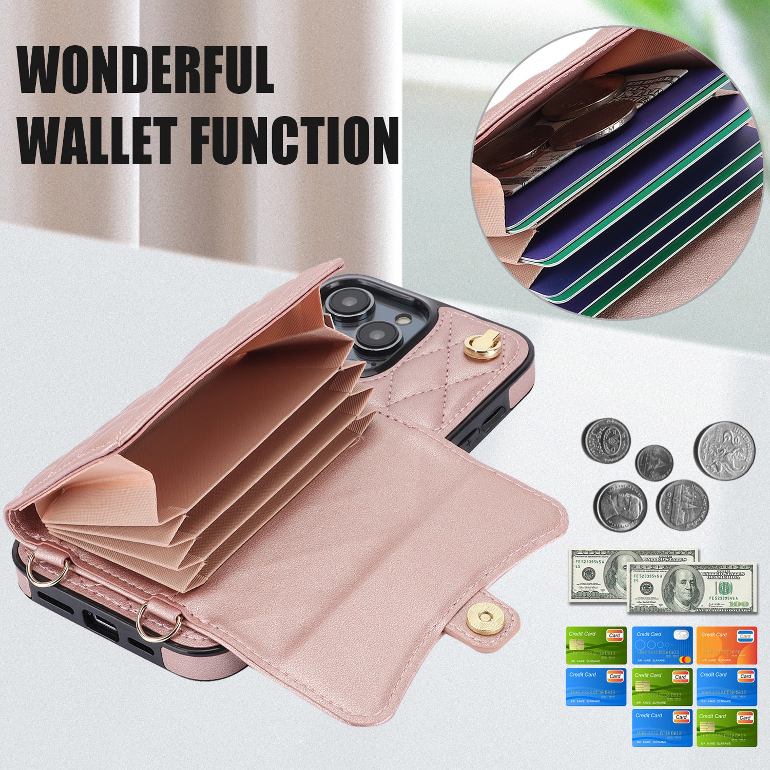 iPhone 16 Pro Leather Wallet Case – 4 Card Slots, RFID Protection & Crossbody Strap, Ultra-Thin Cover