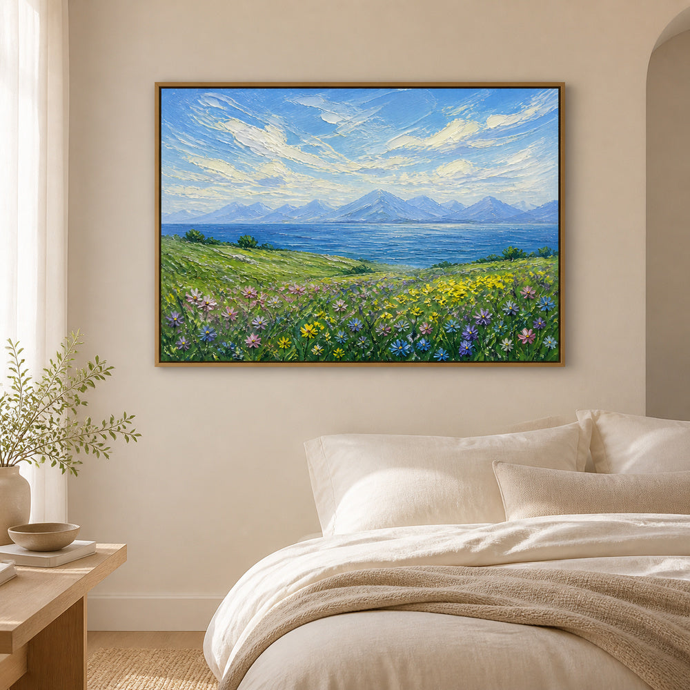 impressionist-meadow-lake-and-mountains-floating-frame-wall-art | bedroom-wall-scene