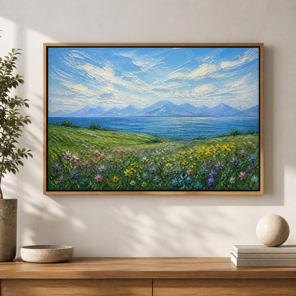 impressionist-meadow-lake-and-mountains-floating-frame-wall-art | office-wall-scene