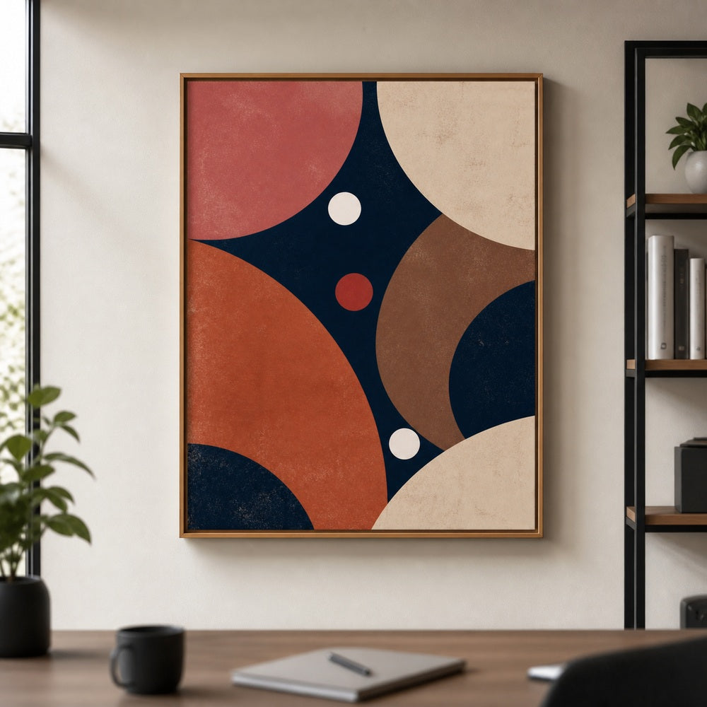 navy-dusty-rose-geometric-circles-floating-frame-wall-art | office-wall-scene