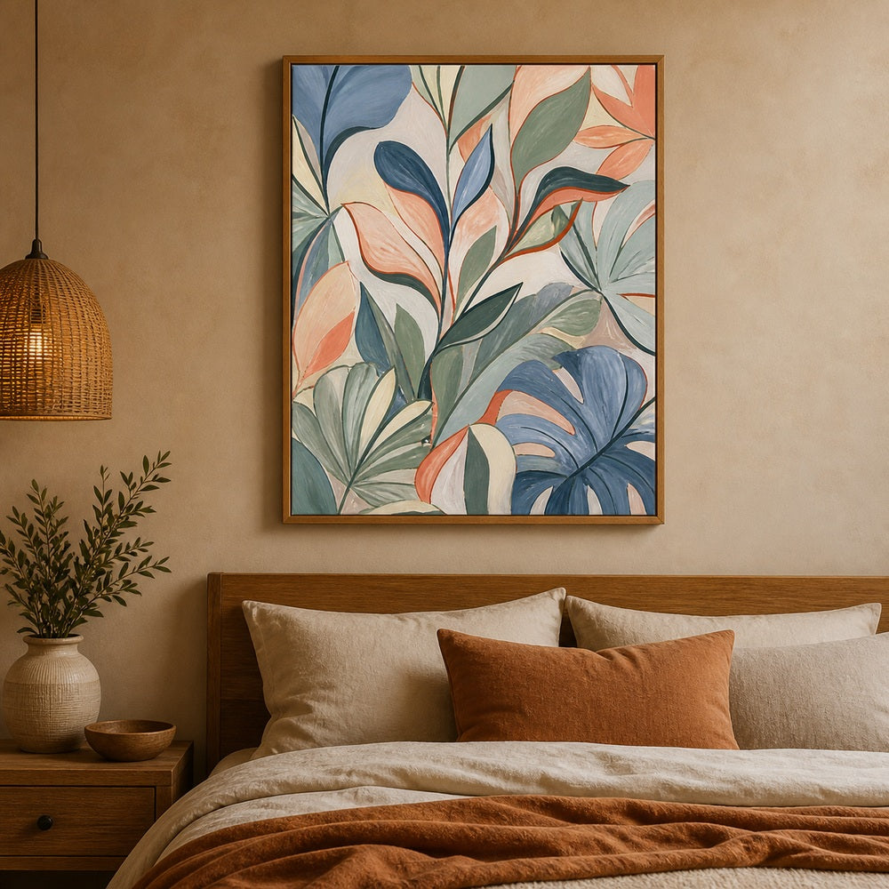 sage-blue-abstract-botanical-leaves-floating-frame-wall-art | bedroom-wall-scene