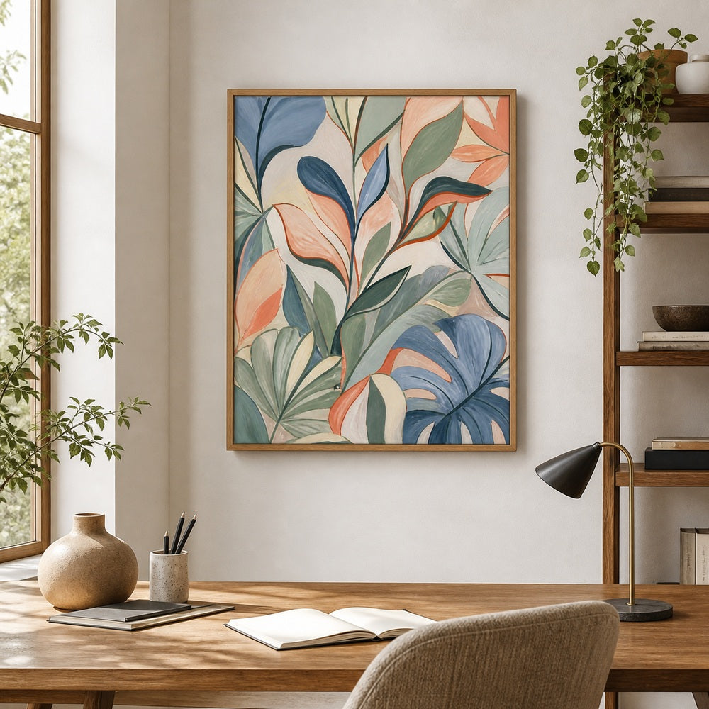 sage-blue-abstract-botanical-leaves-floating-frame-wall-art | office-wall-scene
