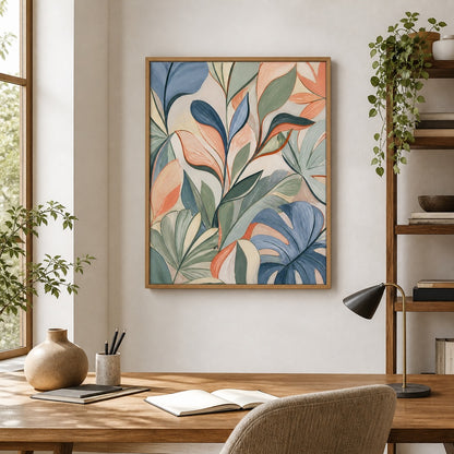 sage-blue-abstract-botanical-leaves-floating-frame-wall-art | office-wall-scene