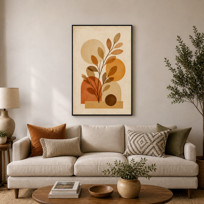 Boho Botanical Geometric Canvas Wall Art - Black Frame wall scene primary