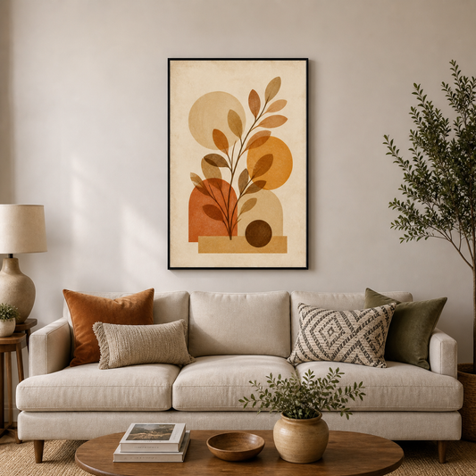 Boho Botanical Geometric Canvas Wall Art - Black Frame wall scene primary