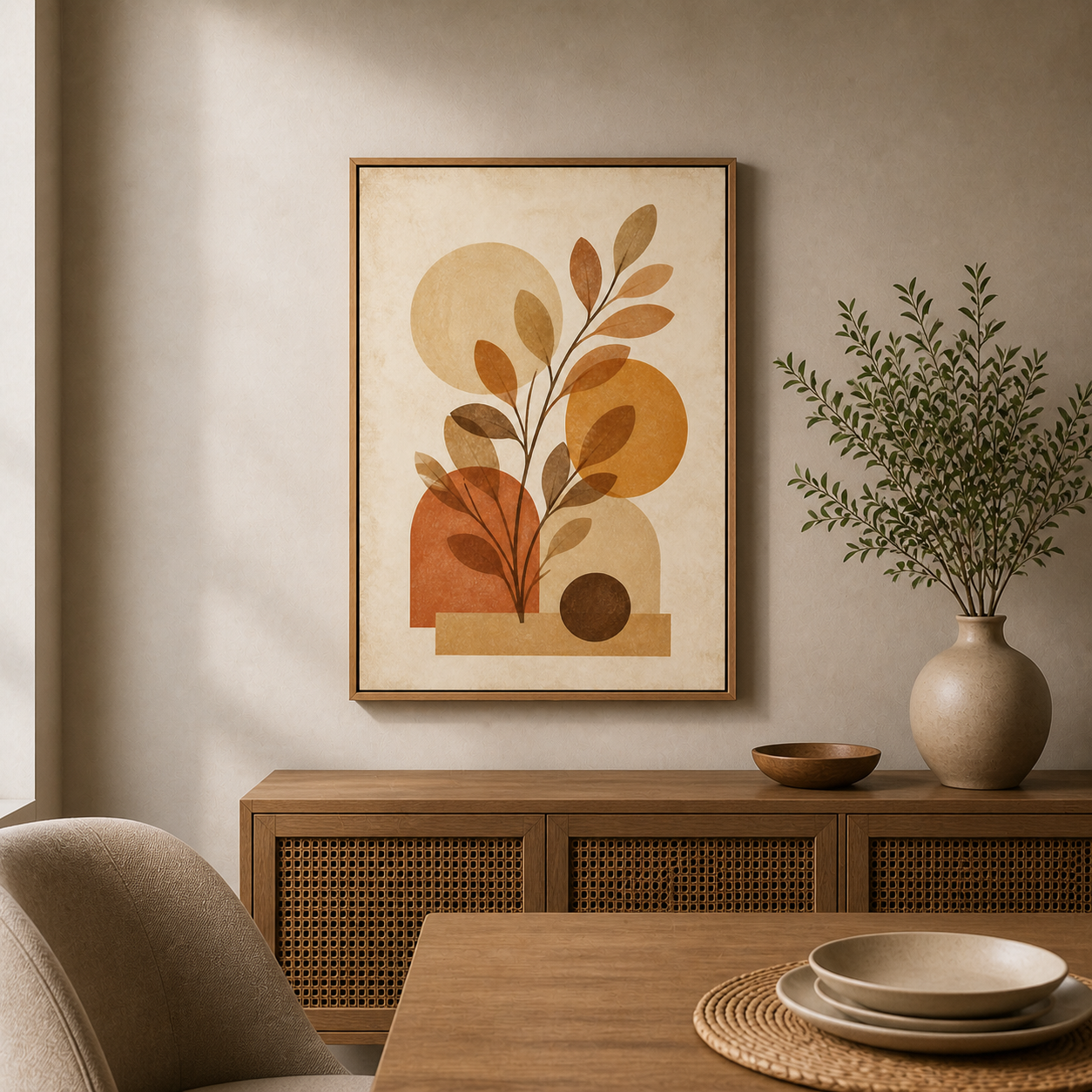Boho Botanical Geometric Canvas Wall Art - Brown Frame wall scene