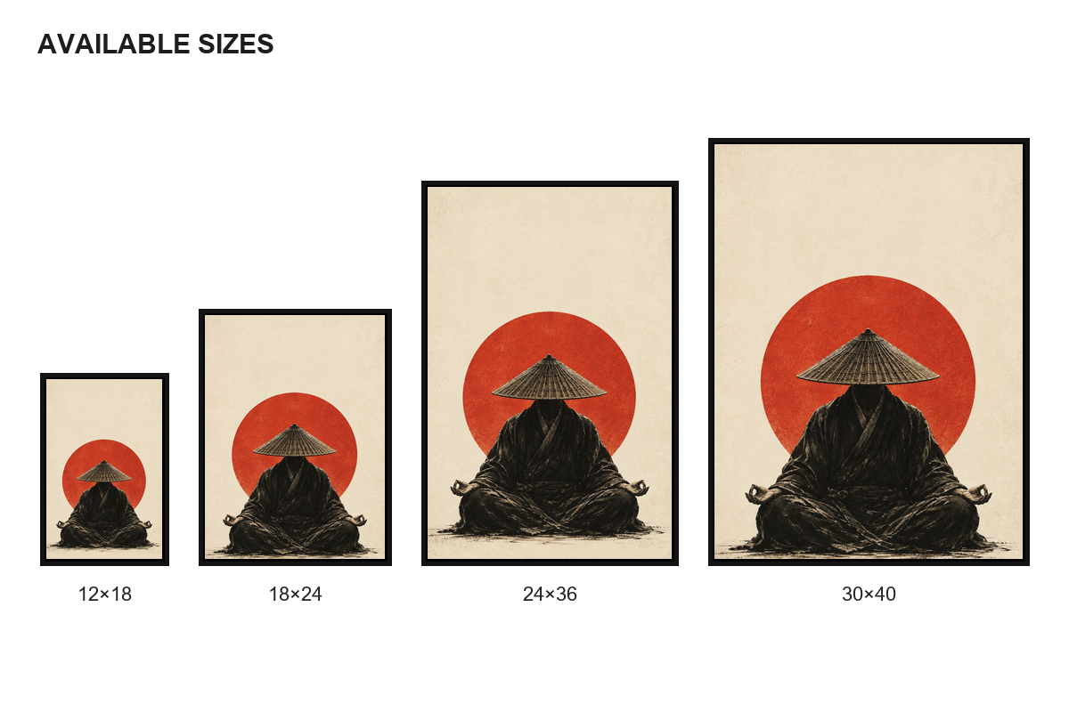Meditating Monk Red Sun Zen Canvas Wall Art size comparison guide