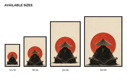 Meditating Monk Red Sun Zen Canvas Wall Art size comparison guide