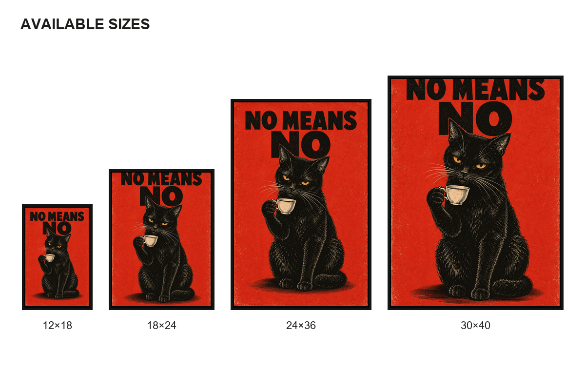 NO MEANS NO Black Cat Retro Canvas Wall Art size comparison guide
