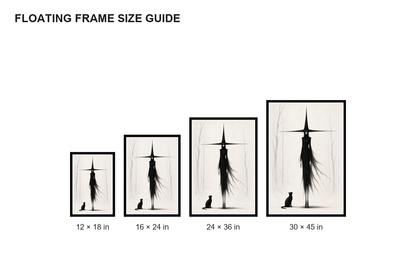 Tall Witch and Black Cat Monochrome Canvas Wall Art - Floating Frame Size Guide