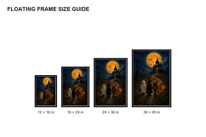 Trick or Treat Haunted House Halloween Canvas Wall Art - Floating Frame Size Guide