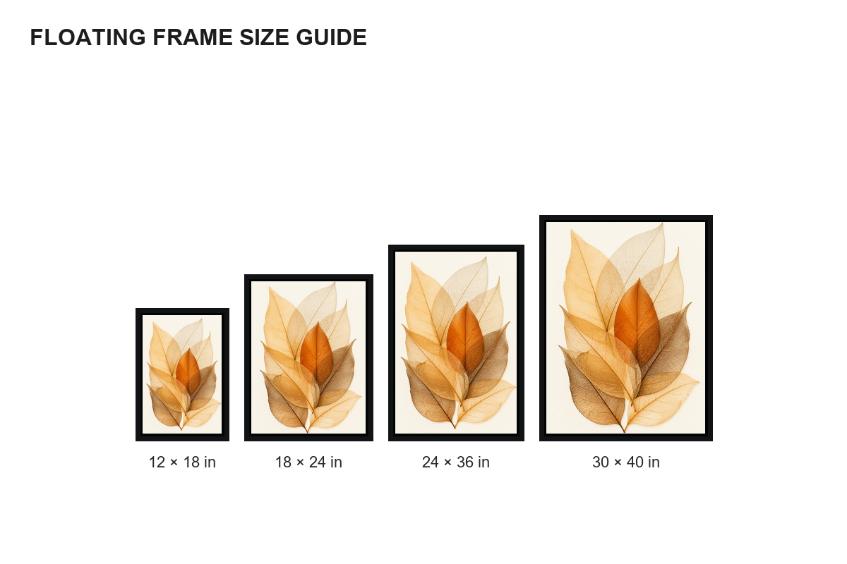 Amber Skeleton Leaves Canvas Wall Art - Floating Frame Size Guide