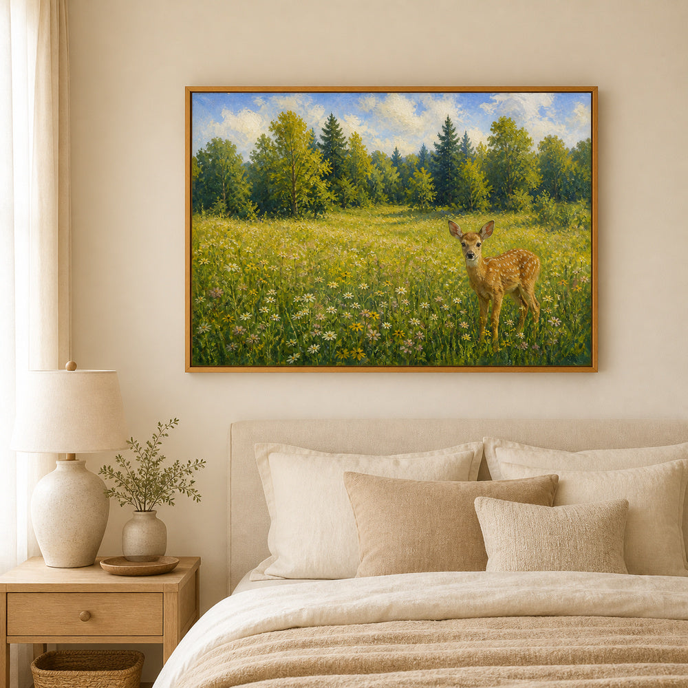 spotted-fawn-in-a-wildflower-meadow-floating-frame-wall-art | bedroom-wall-scene