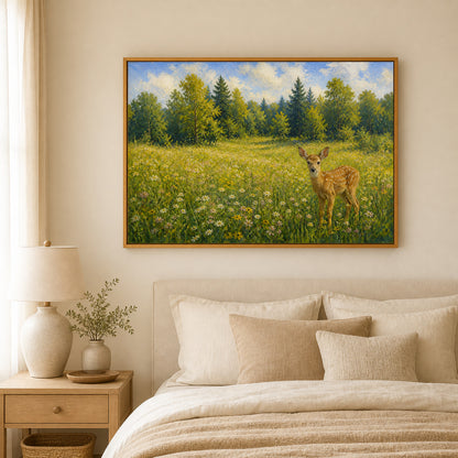 spotted-fawn-in-a-wildflower-meadow-floating-frame-wall-art | bedroom-wall-scene
