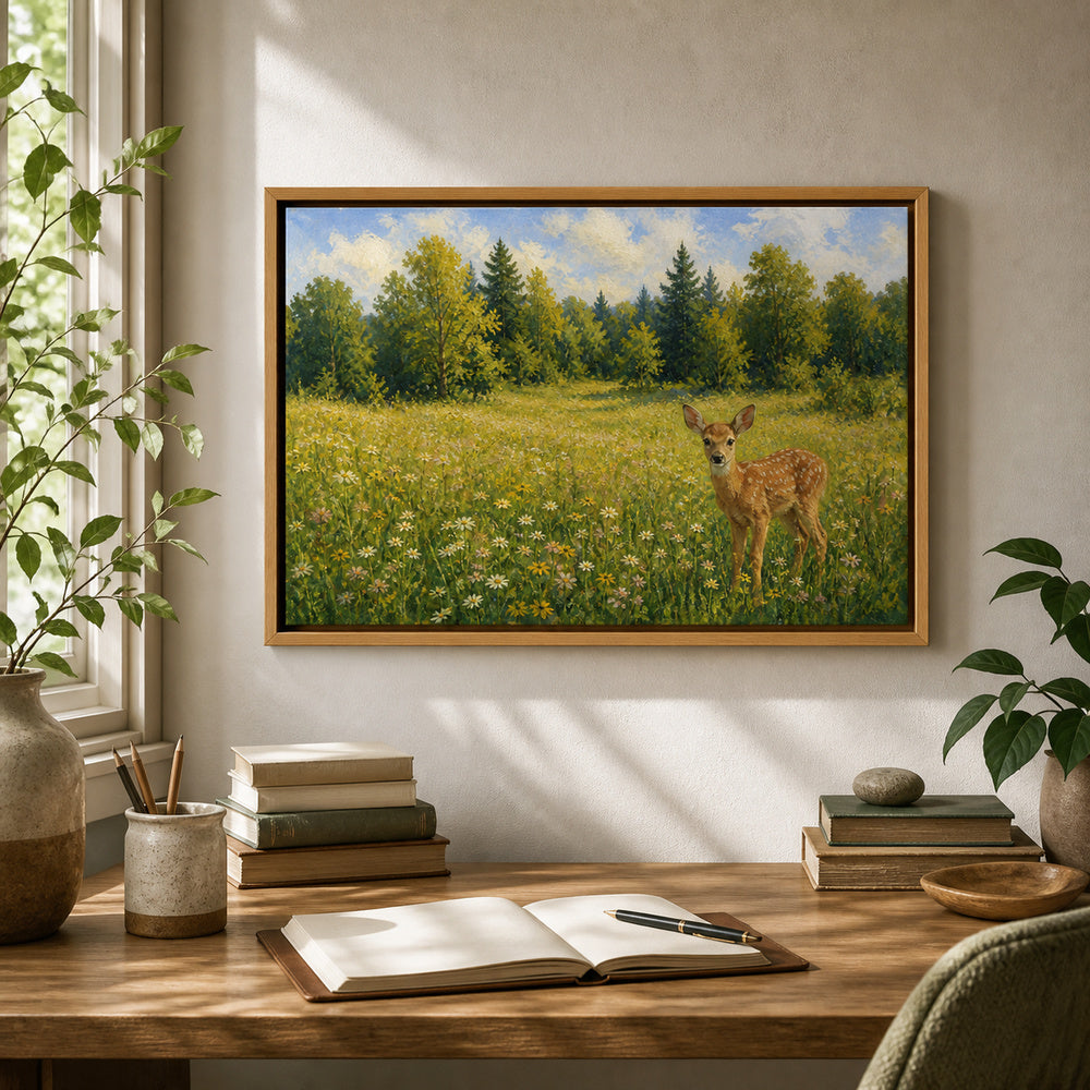 spotted-fawn-in-a-wildflower-meadow-floating-frame-wall-art | office-wall-scene